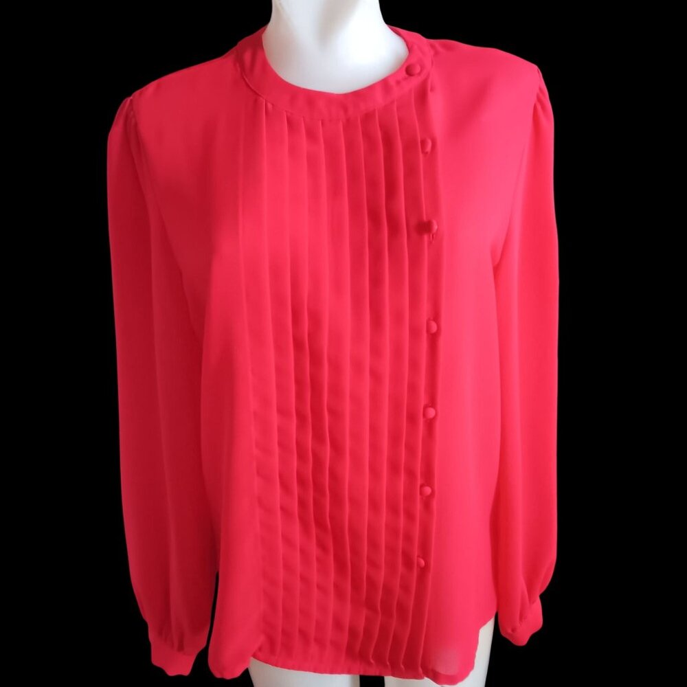 True Vintage Women's Secretary Blouse Medium Red Pleated Button-Front 1970's Mom
